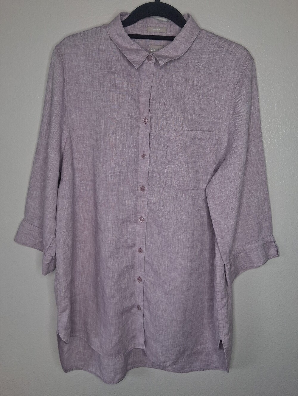 Chico’s Size 3 No-Iron Linen Shirttail High-Low Tunic Top Blouse Purple US 16/18 - Picture 1 of 14